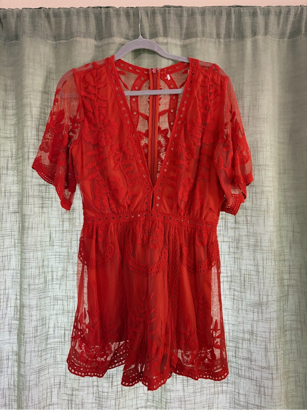 Orange Lace Deep V Romper